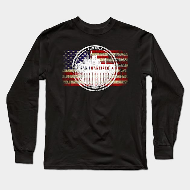 American Flag San Francisco Skyline Long Sleeve T-Shirt by DimDom